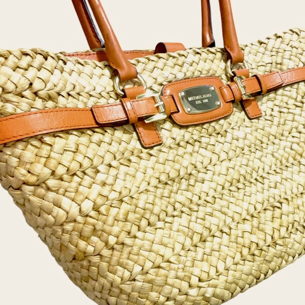 Auth NEW Michael Kors straw wicker Raffia Reed straw Tote Bag burnt Orange Tan - Picture 11 of 13